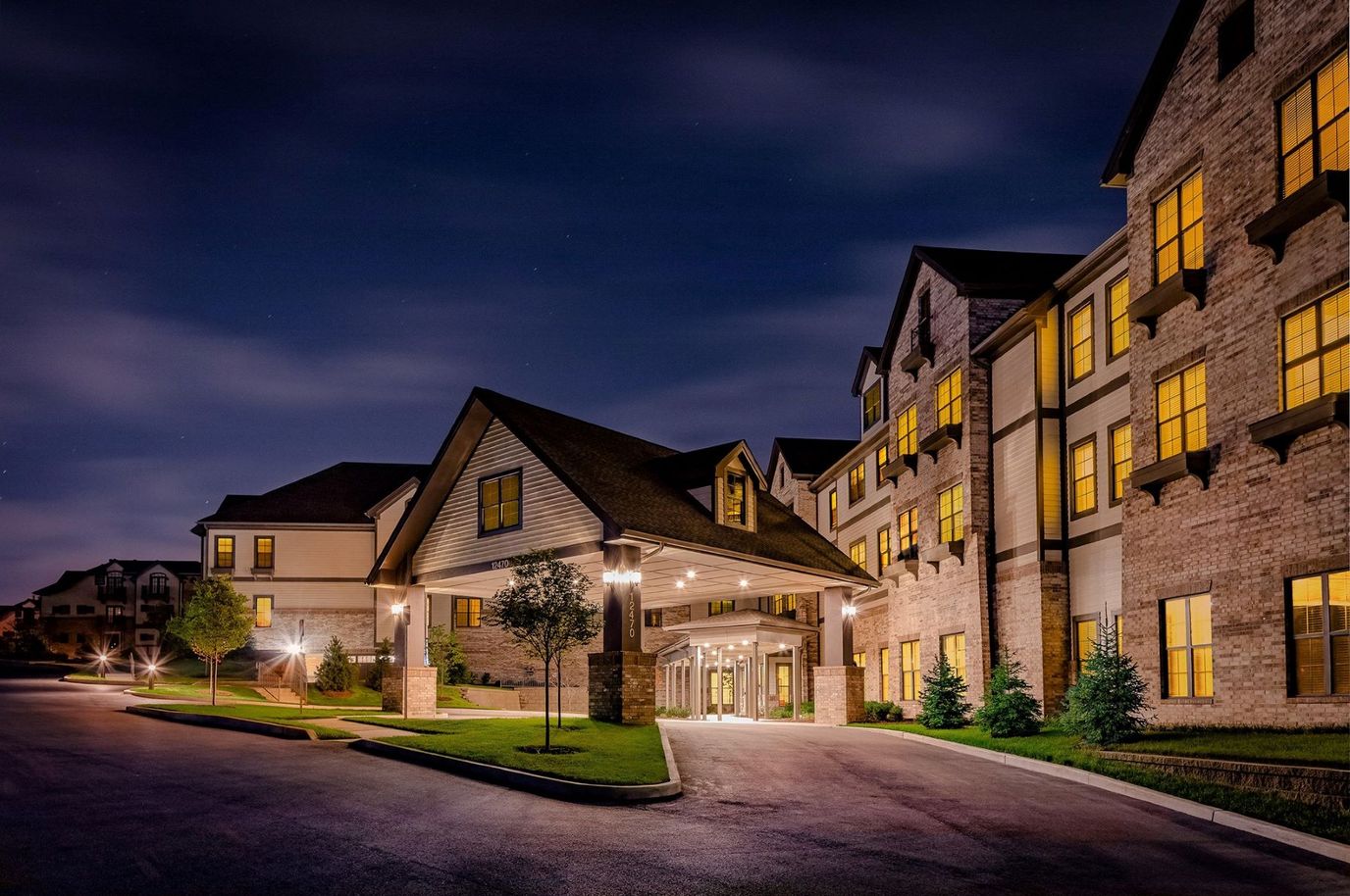 Exterior view of the facility at night
