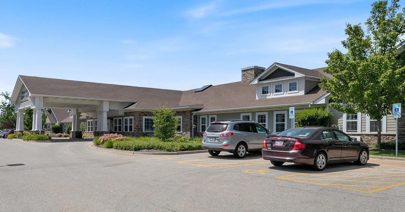 Exterior view of a senior living facility entrance