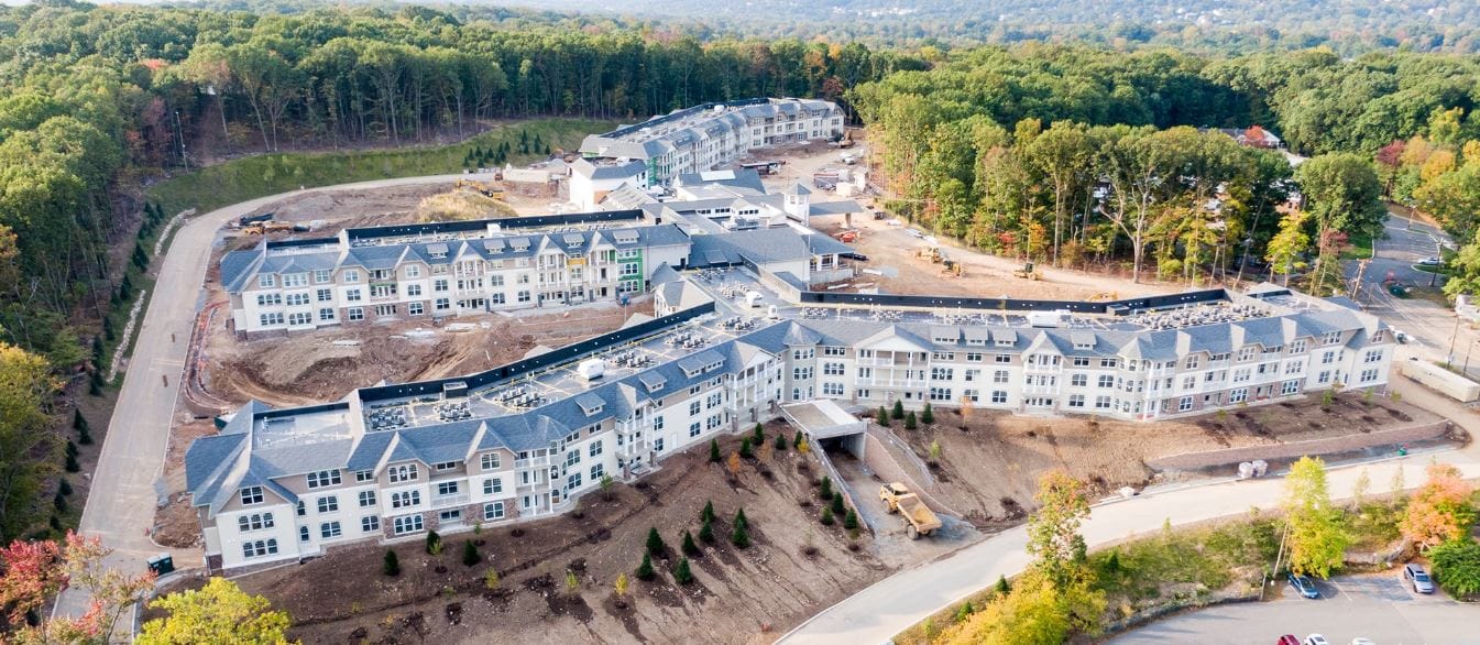 Aerial view of a new senior living facility under construction