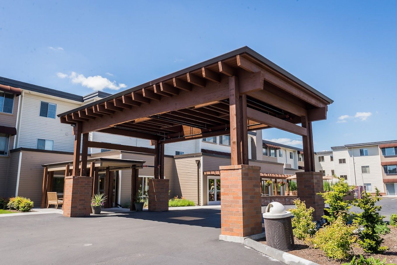 Covered entrance of the senior living facility