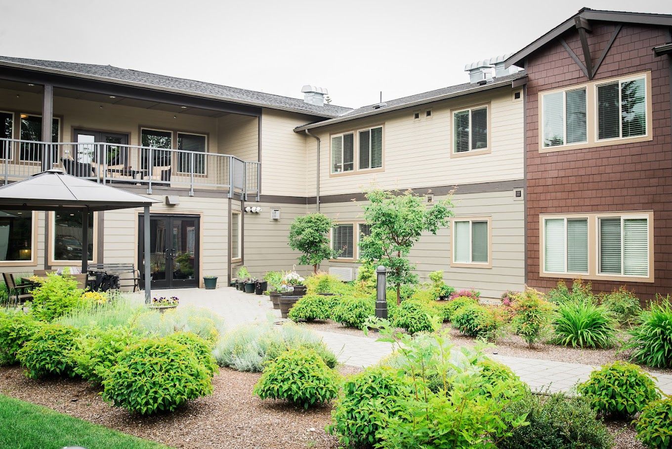 Beautiful landscaped area of assisted living facility