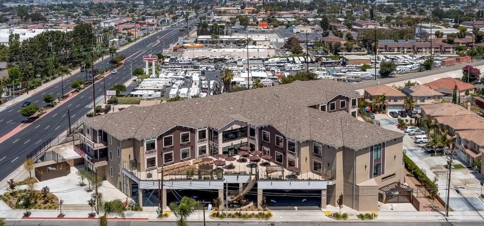 Aerial view of Beach Terrace assisted living facility exterior
