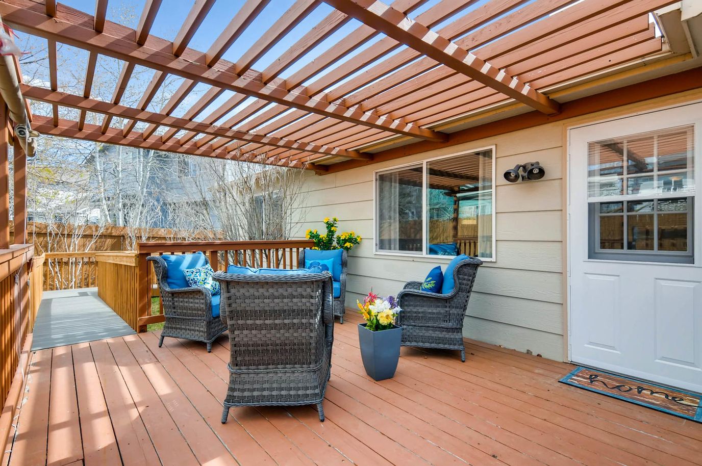Outdoor seating area on a wooden deck