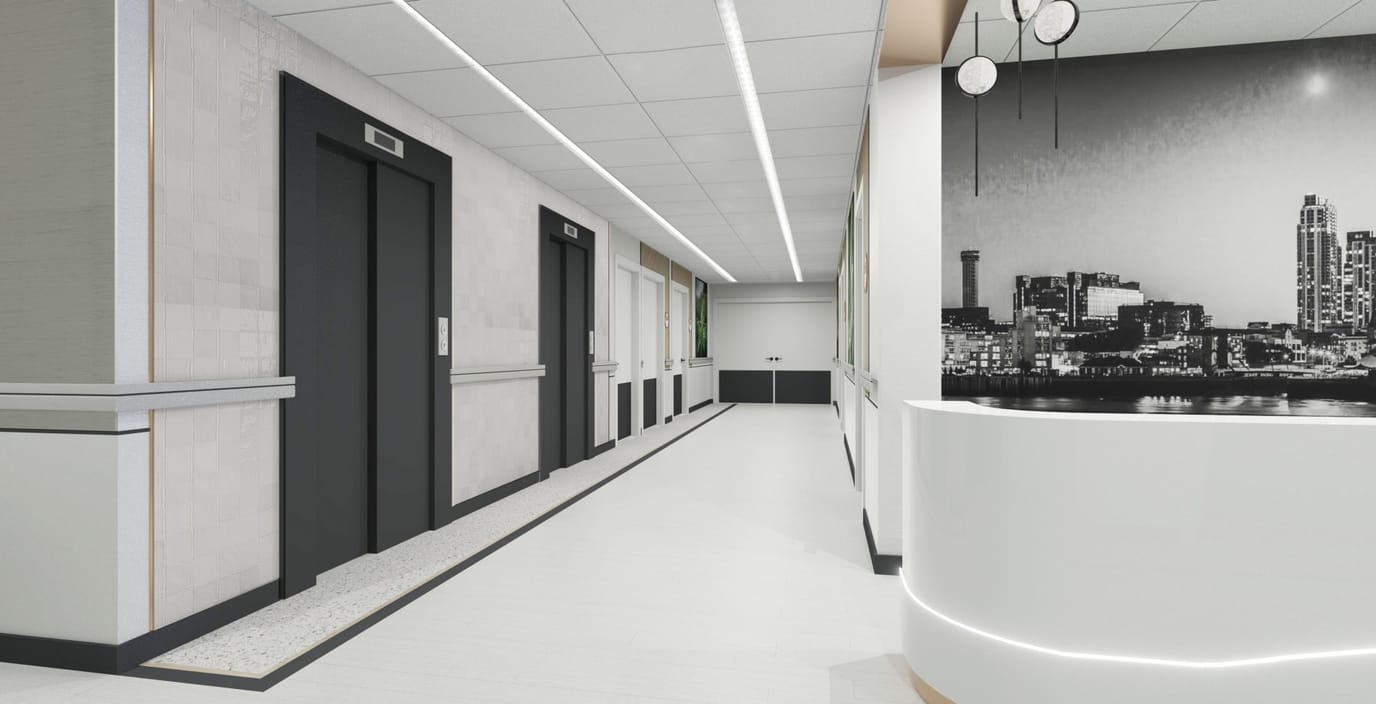 Modern interior hallway with elevators and reception