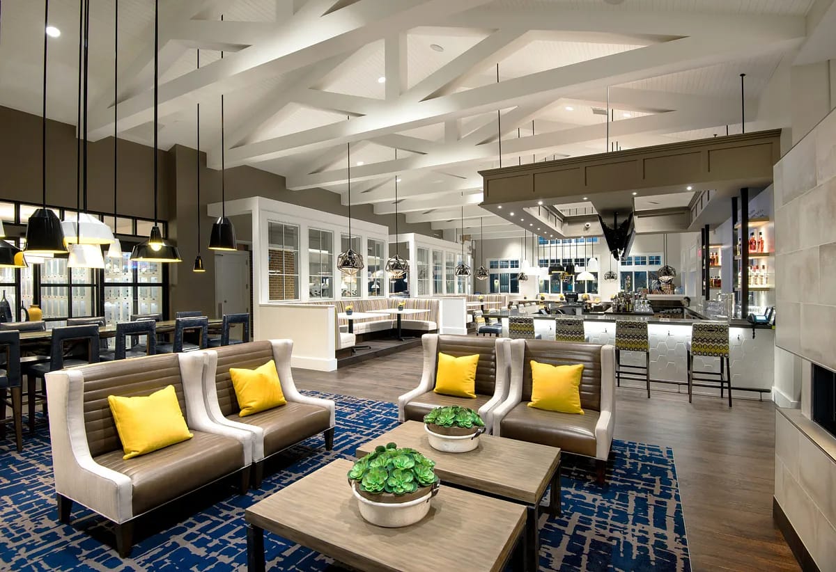 Interior view of a modern dining area with seating