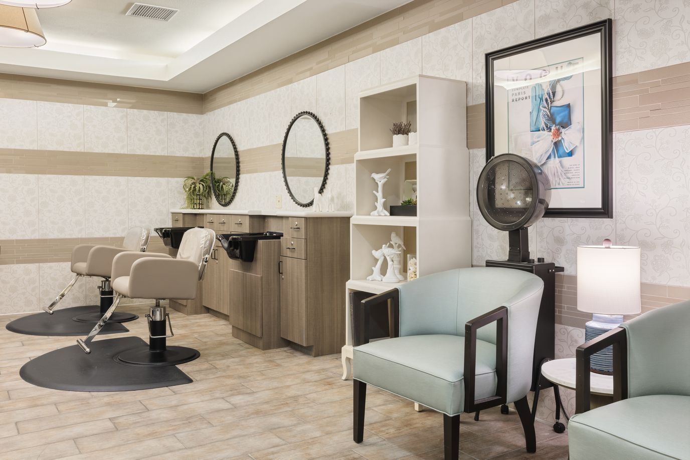 Interior view of a beauty salon in a senior living facility