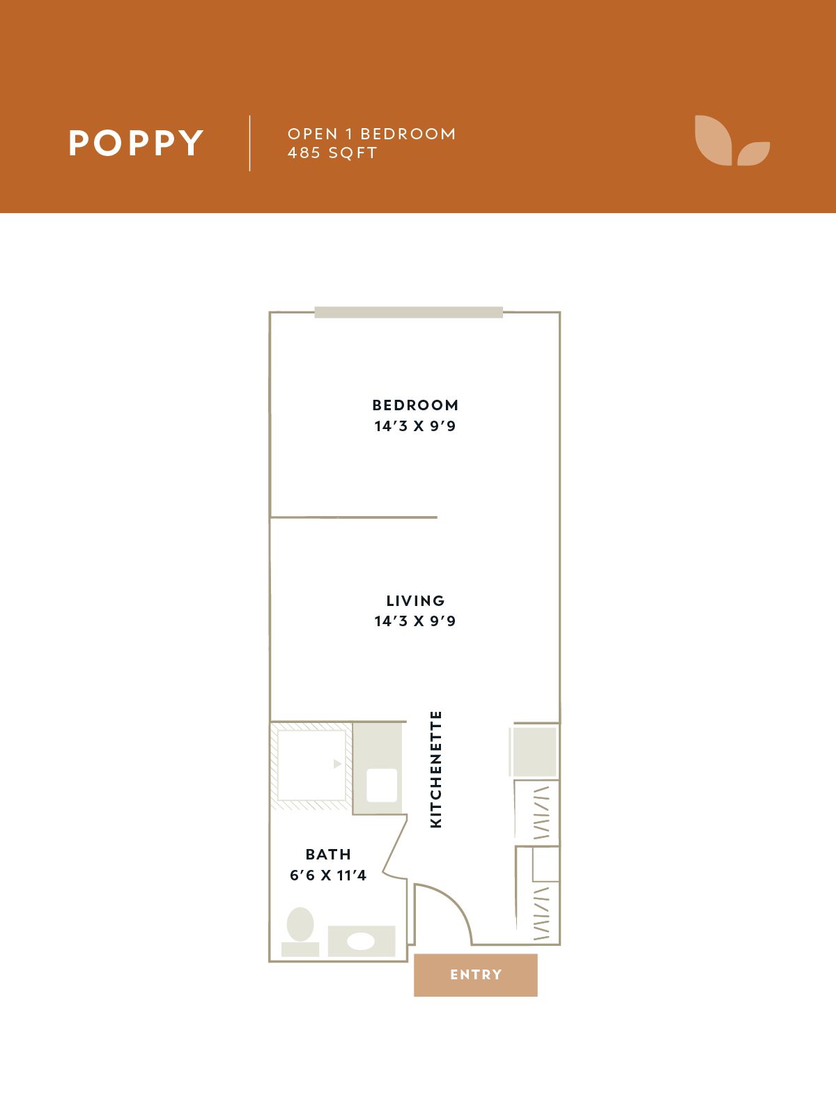 Architectural floor plan of a one-bedroom unit