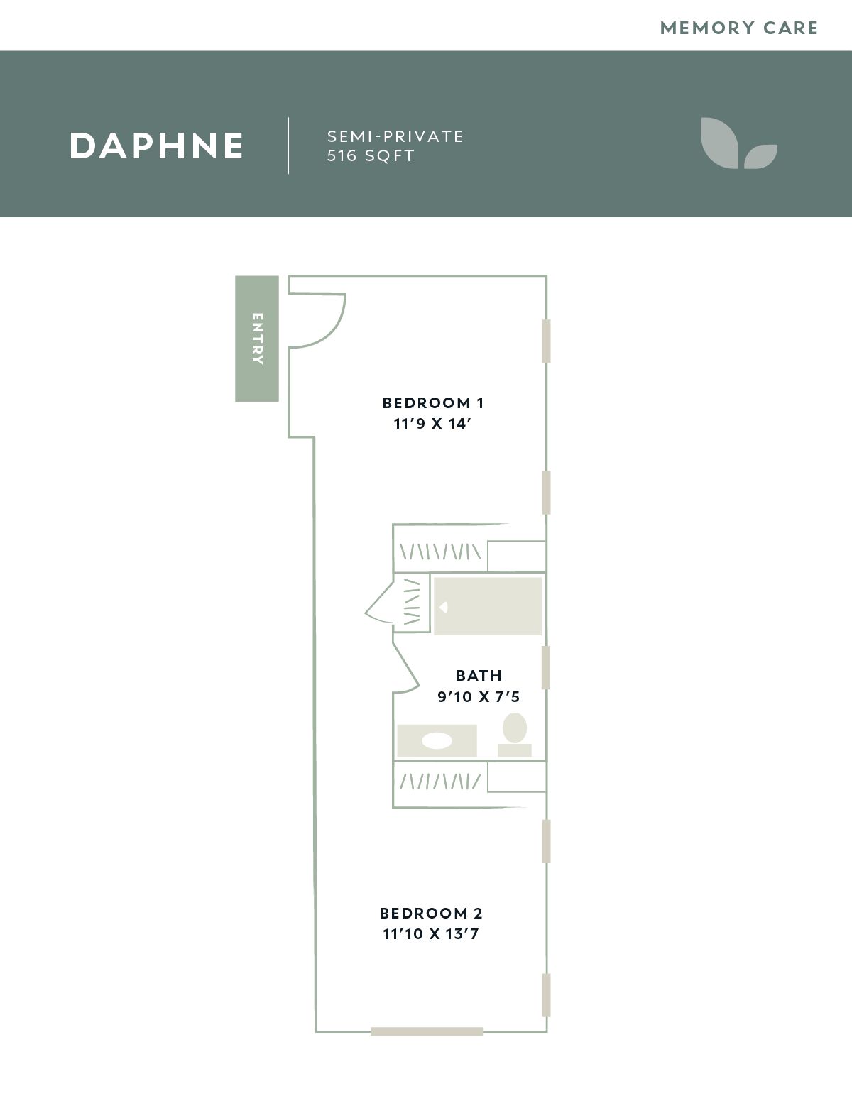 Architectural floor plan for a semi-private memory care room