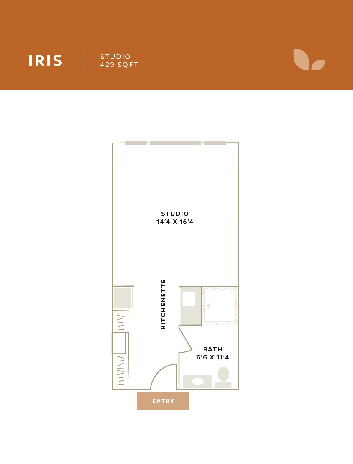 Architectural floor plan for a studio apartment