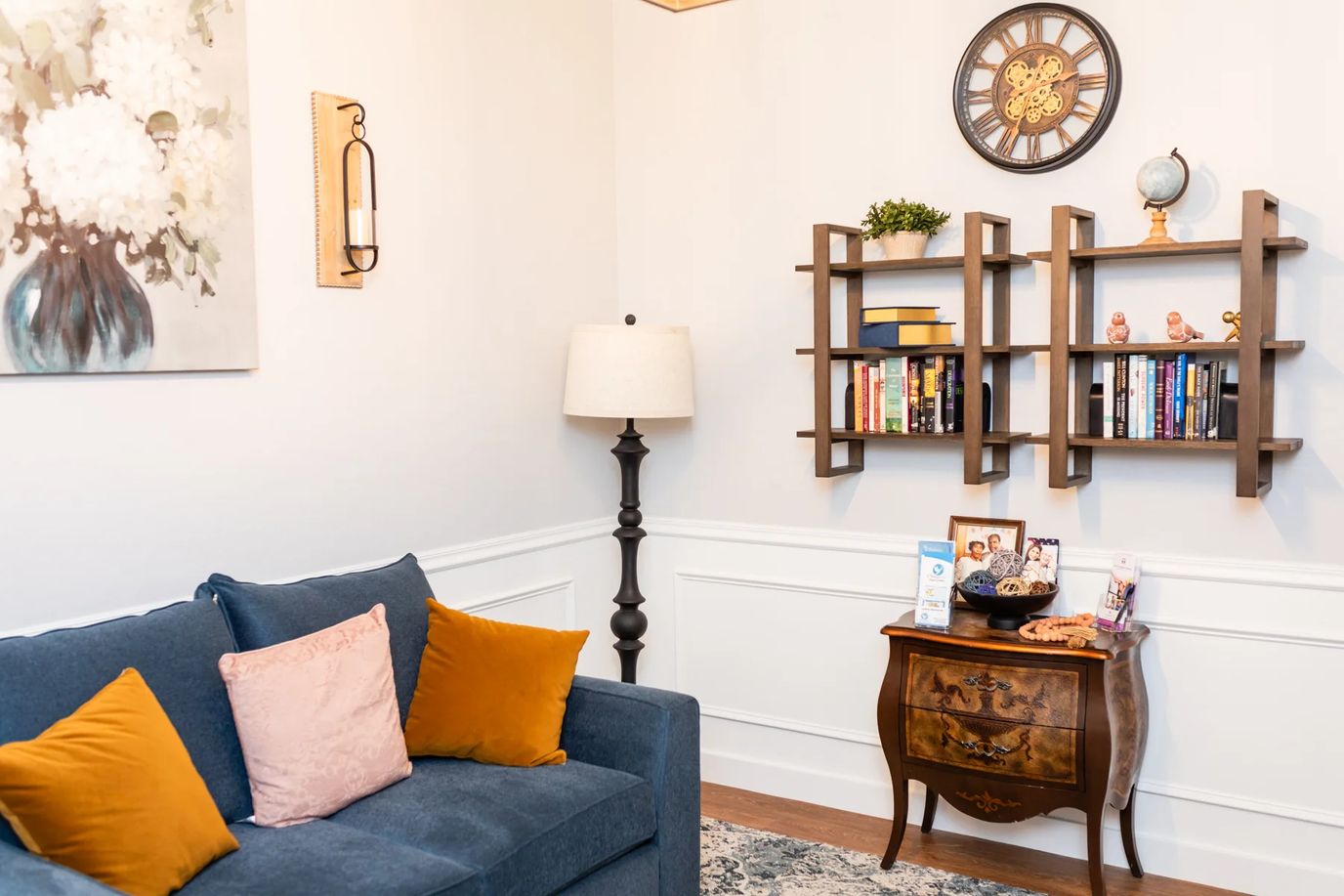 Cozy interior corner with couch and shelves