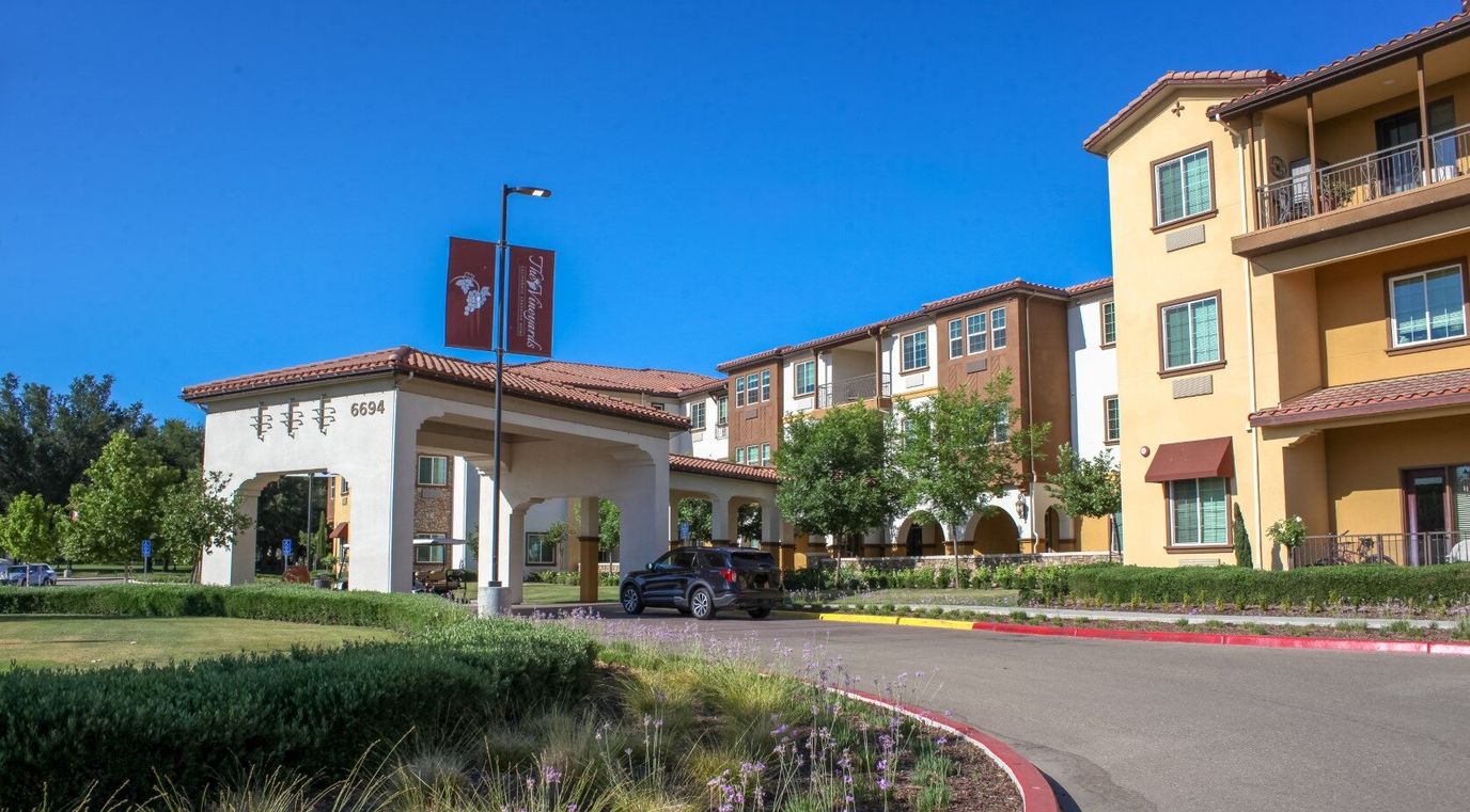 Exterior view of a senior living facility entrance