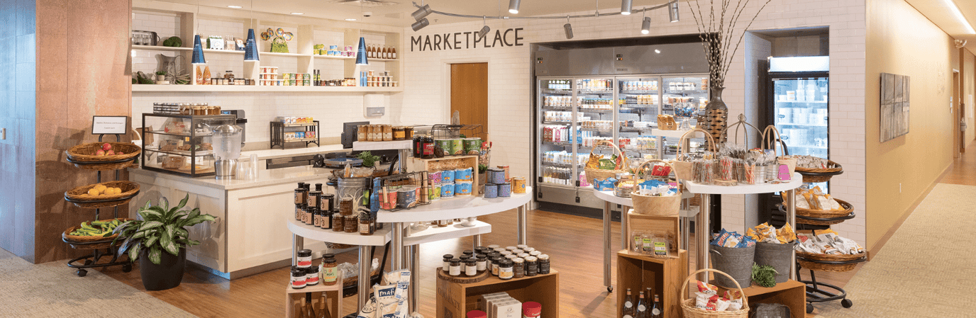 Interior view of a vibrant marketplace area