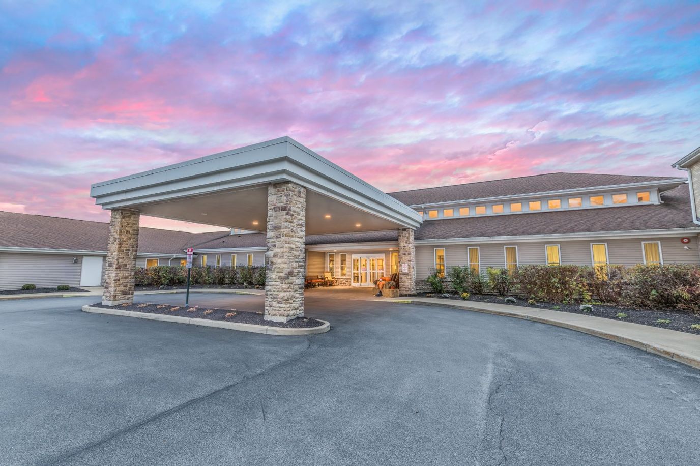 Exterior view of a senior living facility entrance