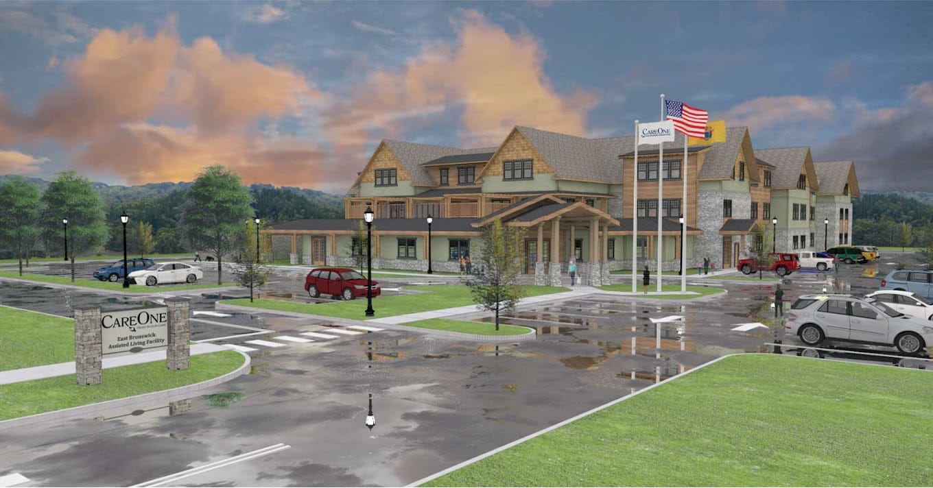 Exterior view of CareOne at East Brunswick with landscaped grounds