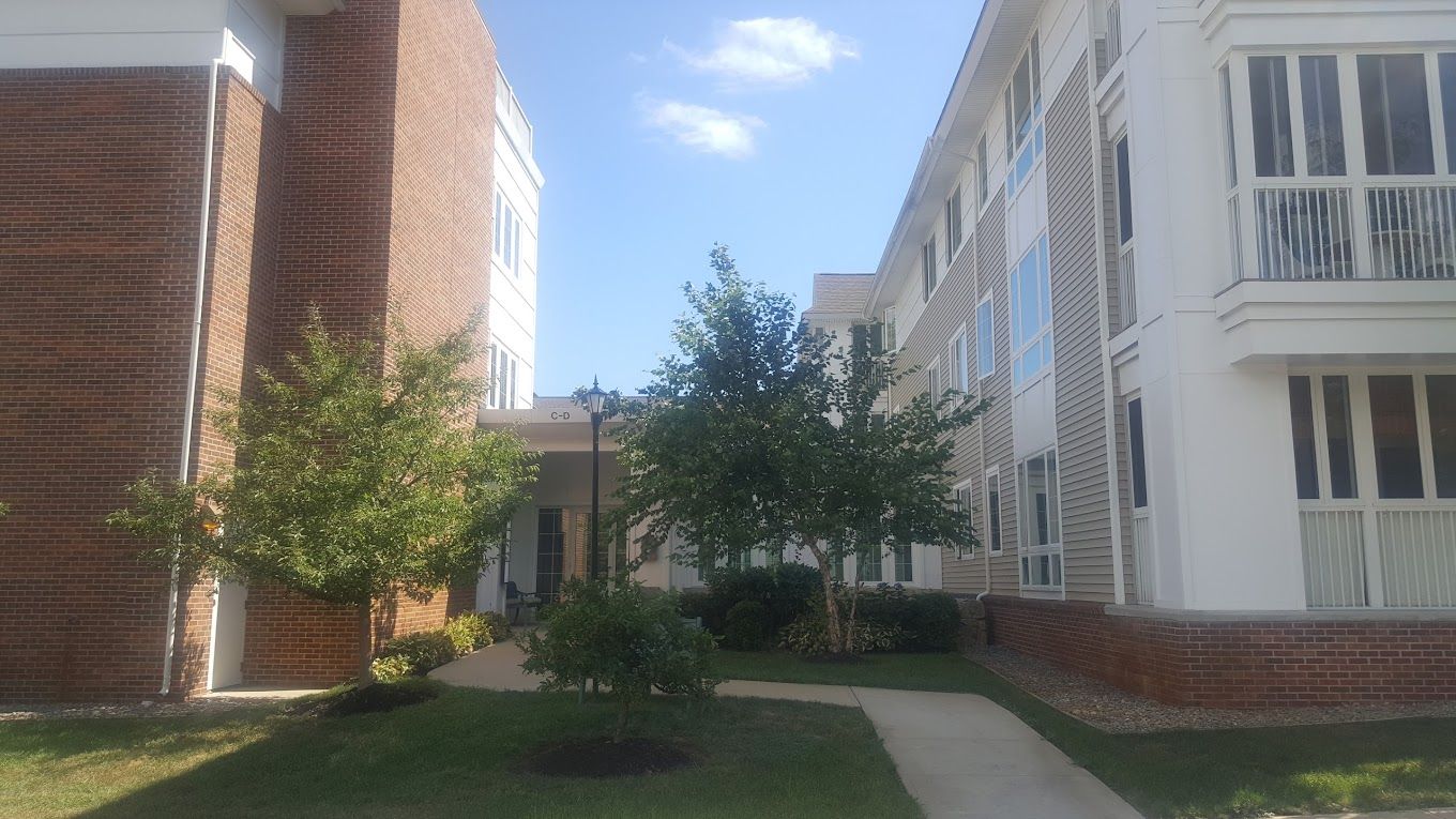 Pathway between buildings in a senior care facility