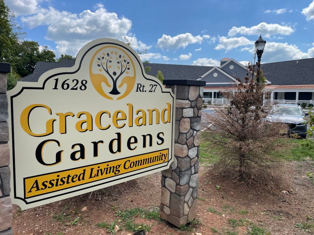 Exterior shot of Graceland Gardens sign and facility
