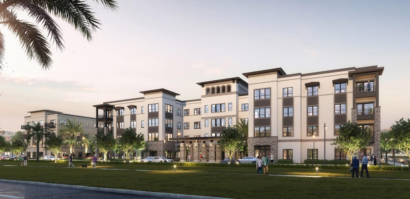 Modern assisted living facility exterior with palm trees