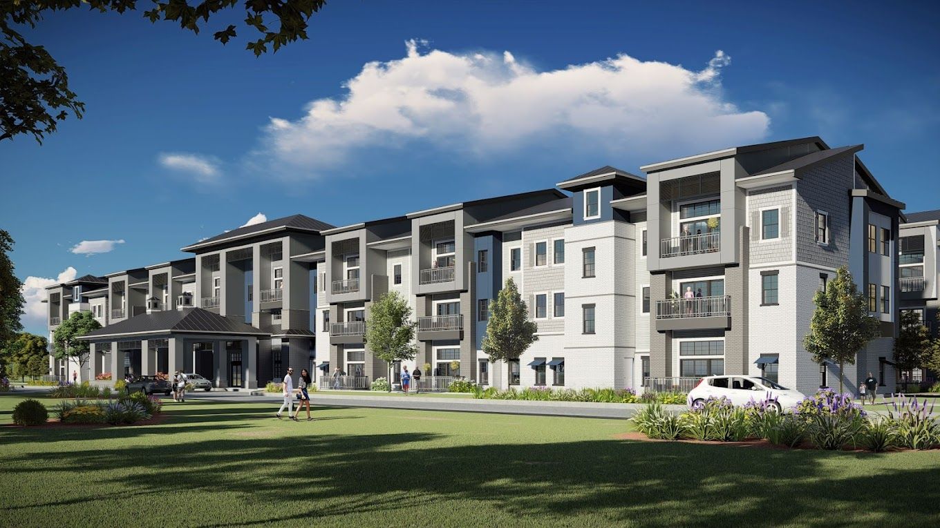 Exterior view of a modern senior living facility with gardens