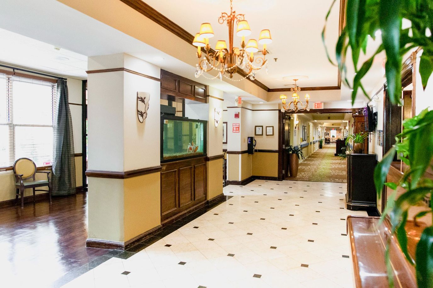 Interior view of a welcoming hallway in a senior living facility