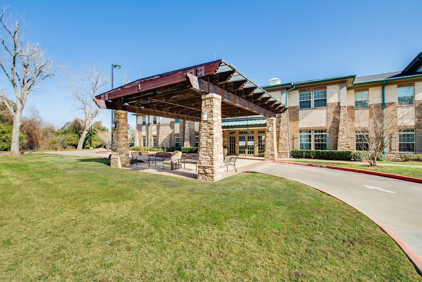 Outdoor entrance area of the facility with seating