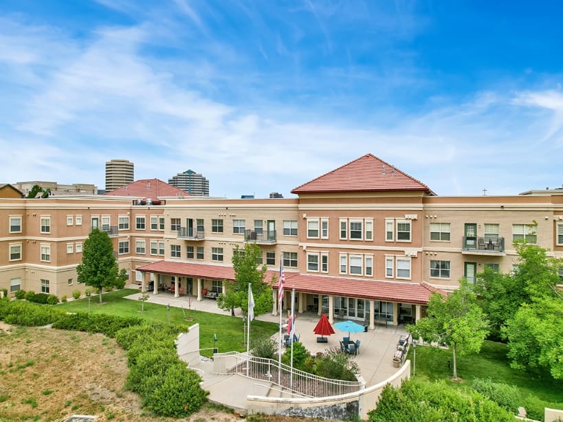 Aerial view of the facility with outdoor spaces