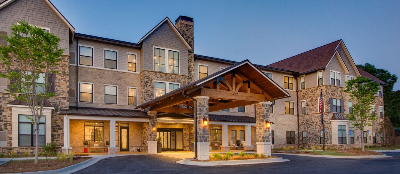 Exterior view of a senior living facility entrance