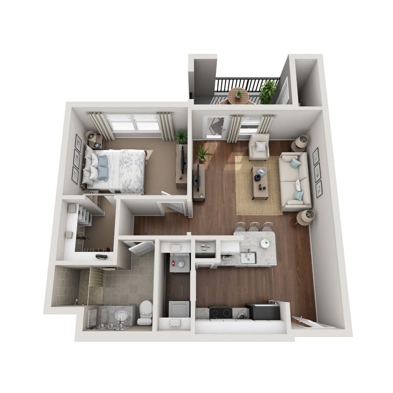Cambridge Court Senior Living, assisted living in Rowlett, TX — Two-bedroom apartment layout with living space and balcony