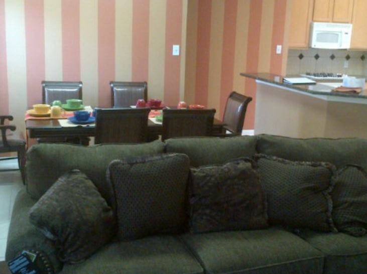 Interior view of a common area with striped walls