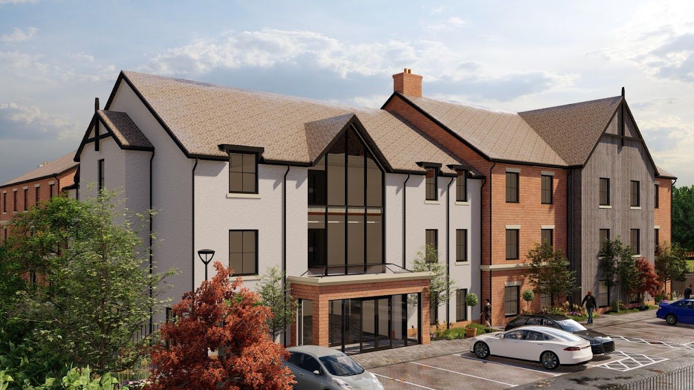 Exterior view of Ruby Lodge Care Home with parking area