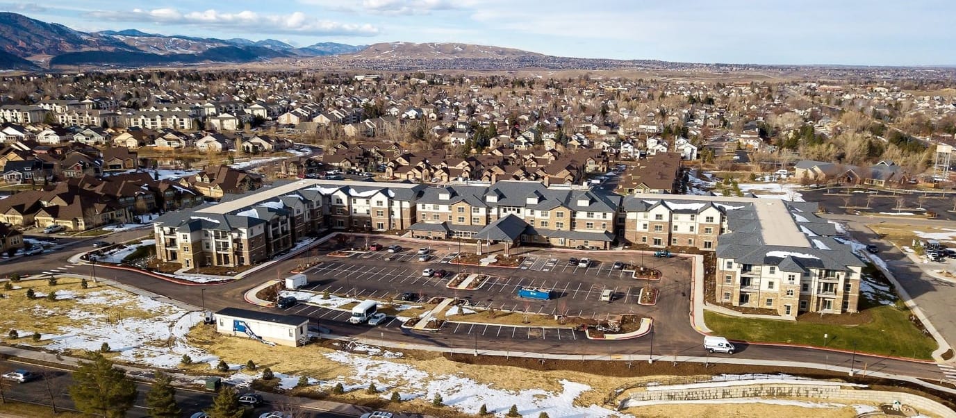 Aerial view of Sky Pointe Retirement Resort building and surroundings
