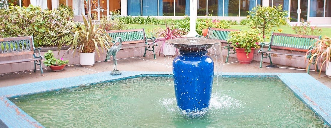 A tranquil outdoor fountain surrounded by greenery
