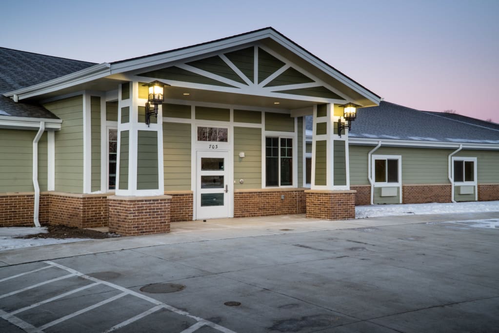 Exterior view of Hansen House Harlan entrance