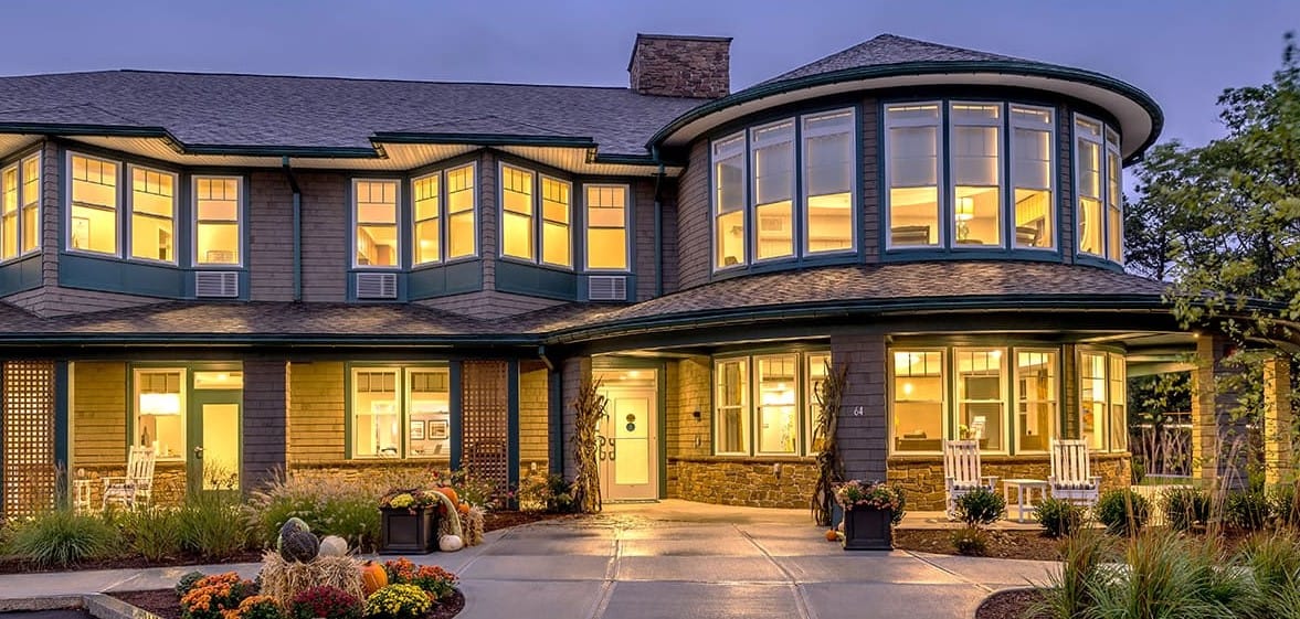 Exterior view of Laurentide at Mashpee Commons at dusk
