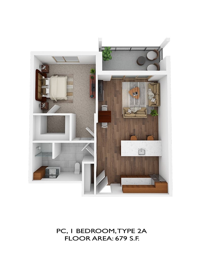 Architectural floor plan of a one-bedroom unit