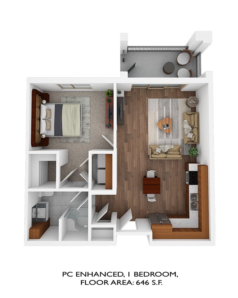 Architectural floor plan of a one-bedroom unit