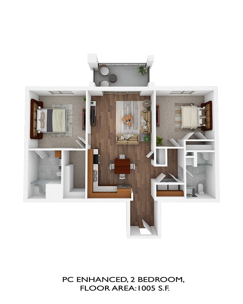 Architectural floor plan of a two-bedroom unit