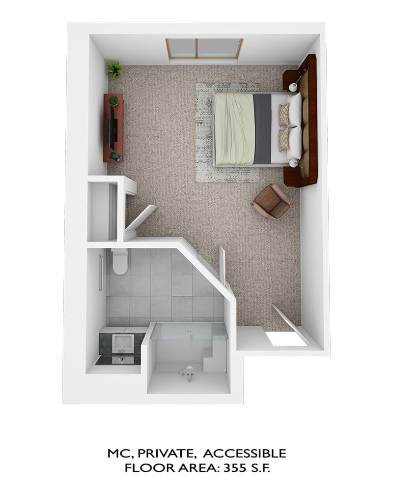Private resident room layout with furnishings