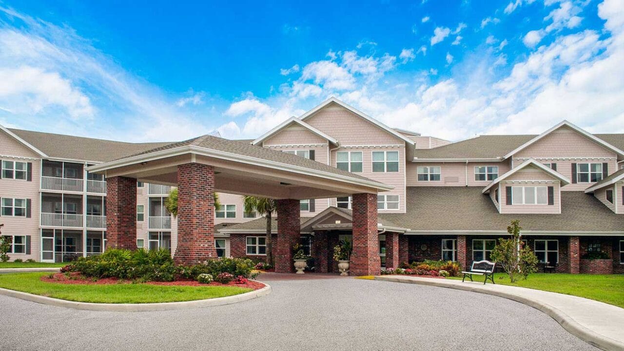 Exterior view of a senior living facility entrance