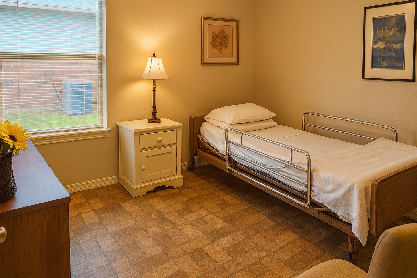 Private resident room with bed and lamp
