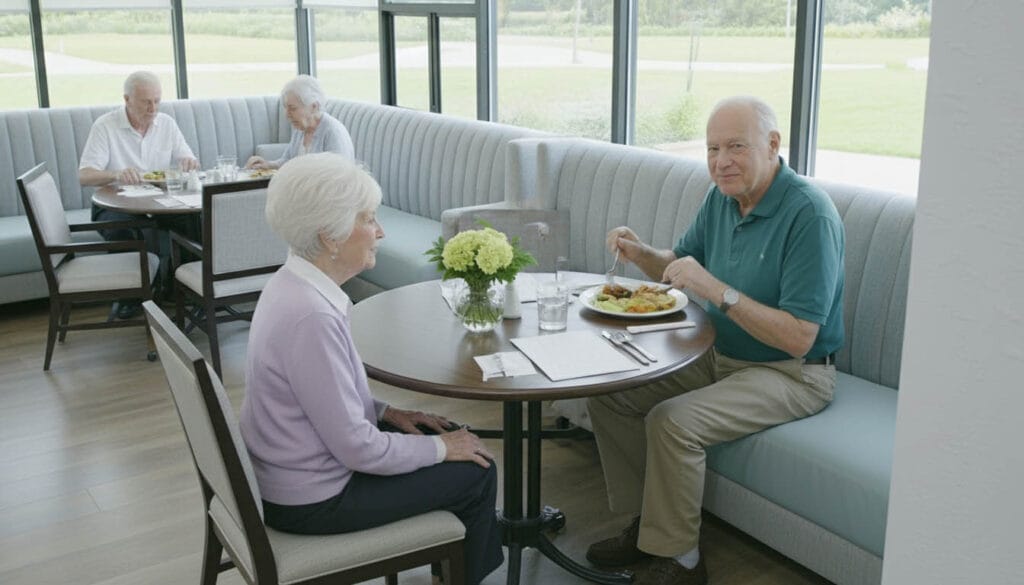 Residents enjoying a meal in the dining room