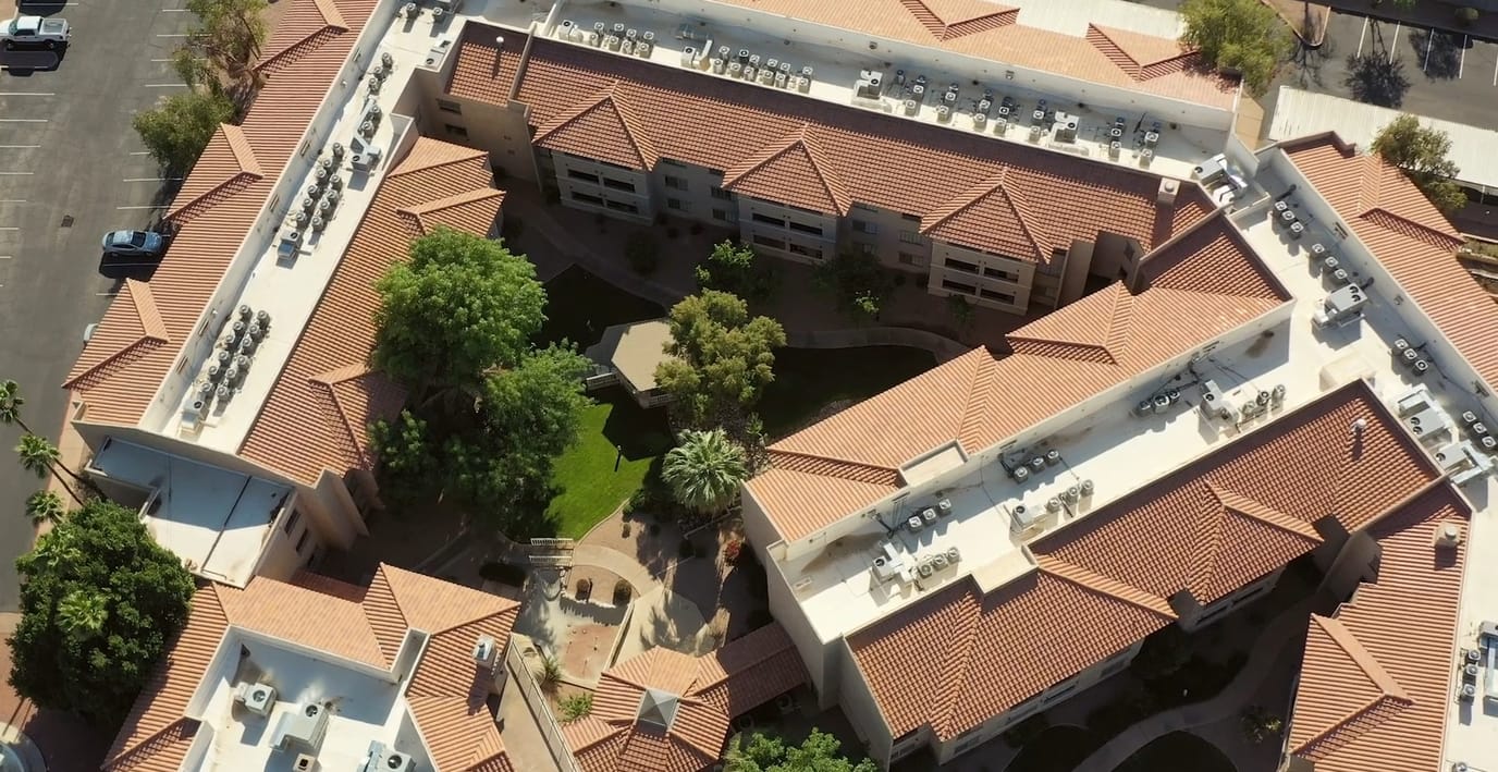 Aerial view of the Grand Court of Mesa campus