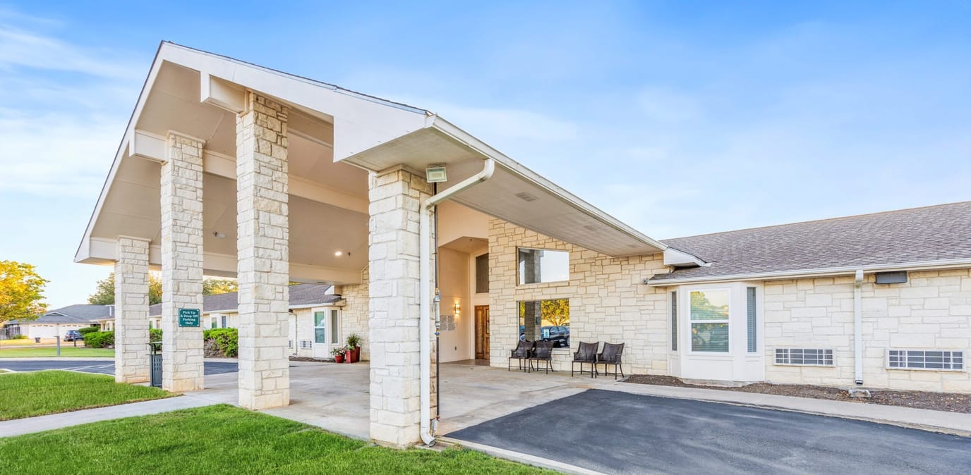 Exterior view of a senior living facility entrance