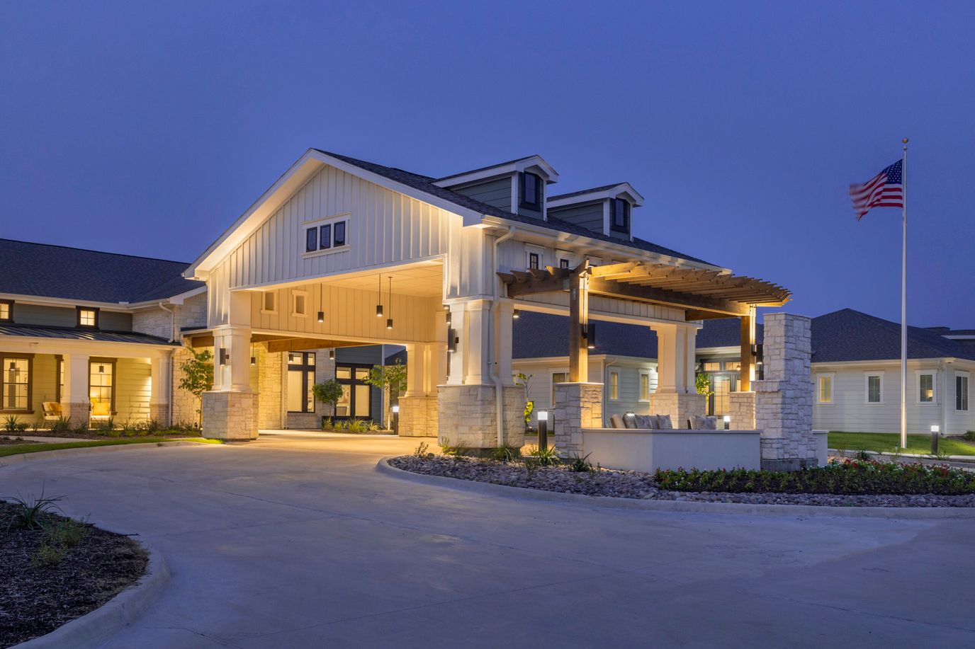 Front entrance of The Preserve at Spring Creek at dusk