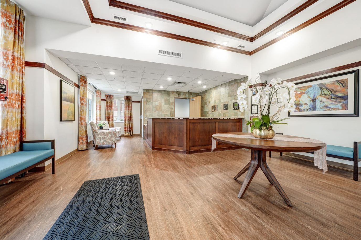 Bright and welcoming lobby of a supportive living facility