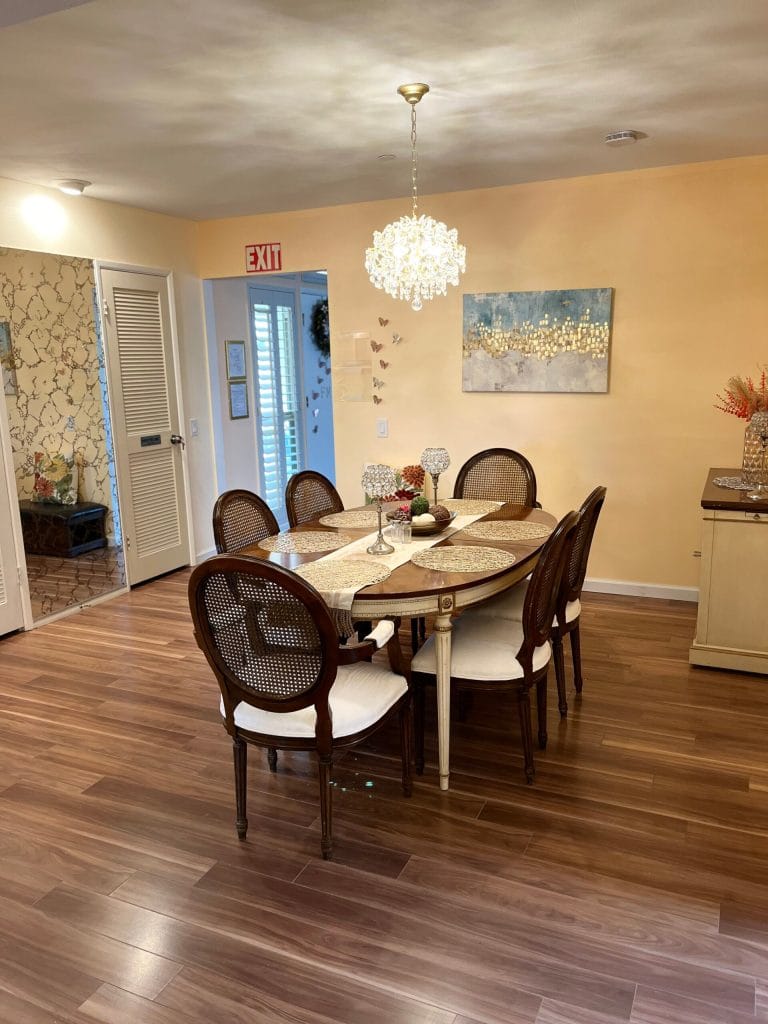 Bright dining area with elegant decor and table setting