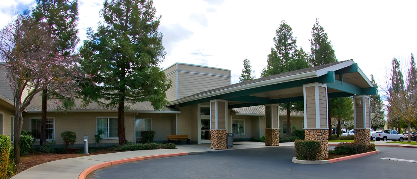 Exterior view of a senior living facility entrance