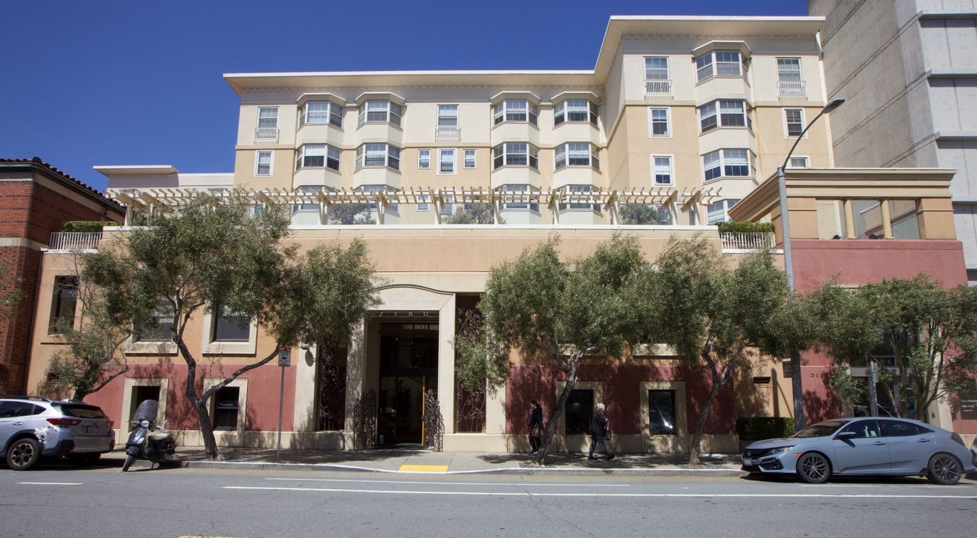 Exterior view of Rhoda Goldman Plaza assisted living facility