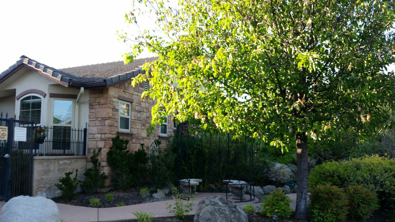 Exterior view of a garden area with seating