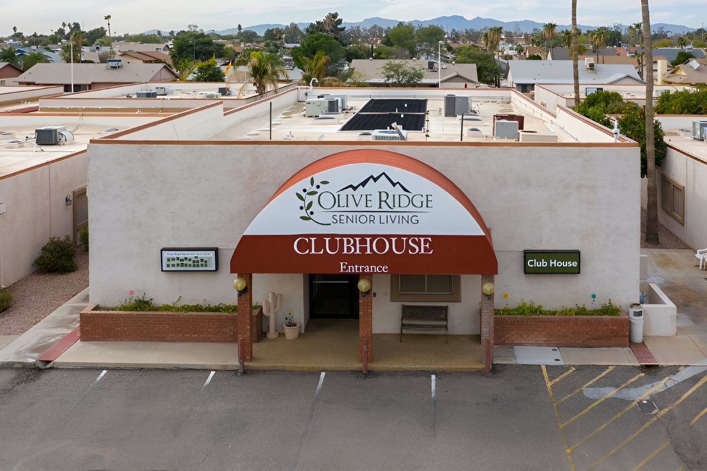 Exterior view of Olive Ridge Senior Living clubhouse entrance