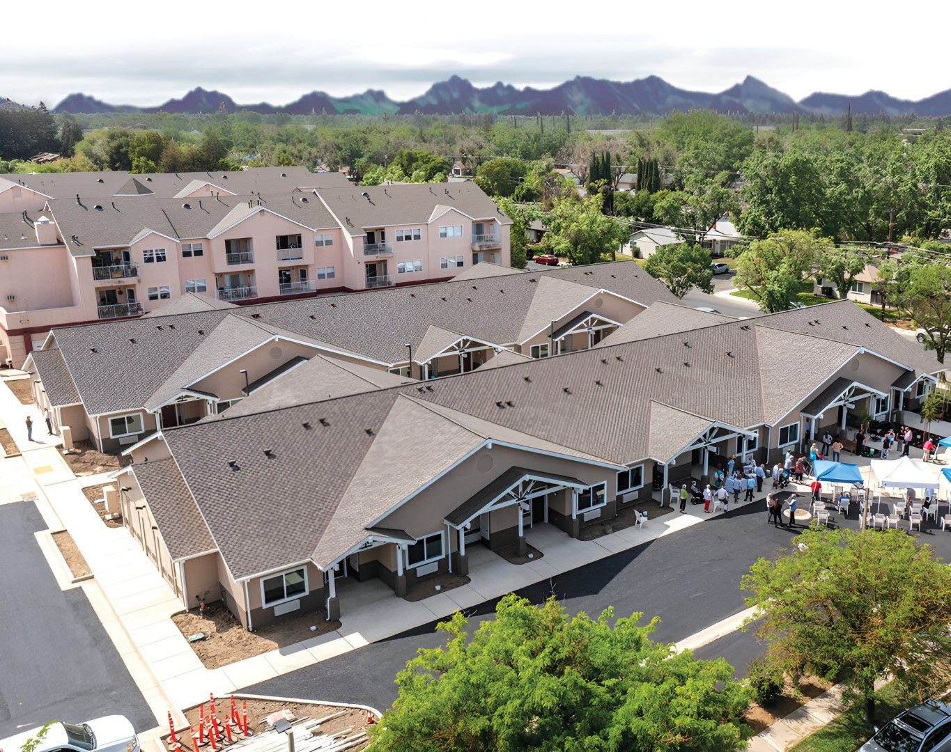 Aerial view of the senior living facility with outdoor gatherings